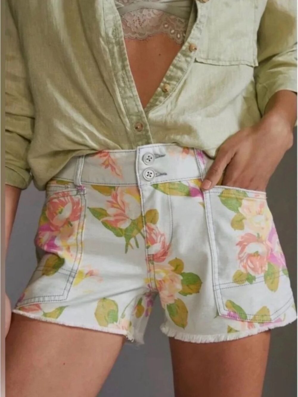 Pilcro White Floral Jean Shorts with Pink & Green Print
